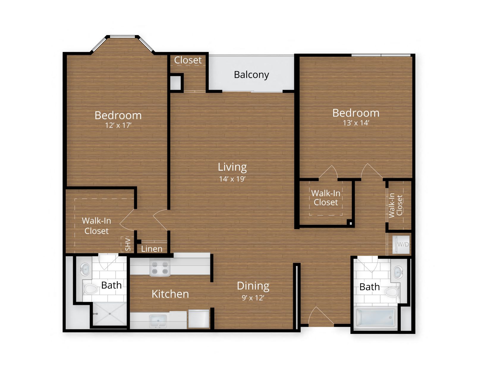 Floor plan for 2 beds, 2 baths, 1224 sqft